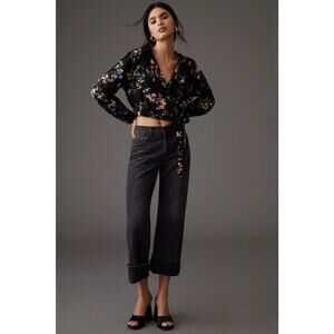 ANTHROPOLOGIE | Pilcro Cropped Waist-Tie Blouse Linen Blend NEW L Boho Floral